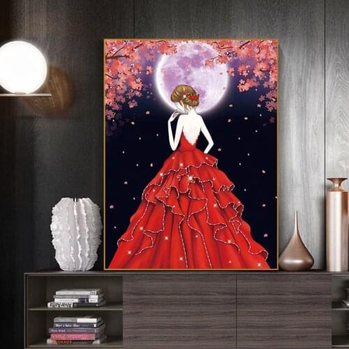 NEW Moonlight Girl Cross stitch kit 11ct Count Print Canvas Cross Stitches Cartoon girl in red skirt Needlework Embroidery DIY