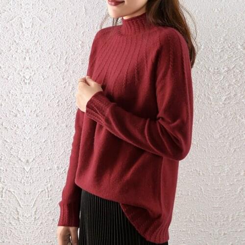 New style pure cashmere sweater women half high neck pullover raglan sleeve knit sweater pure color Korean wool bottoming shirt