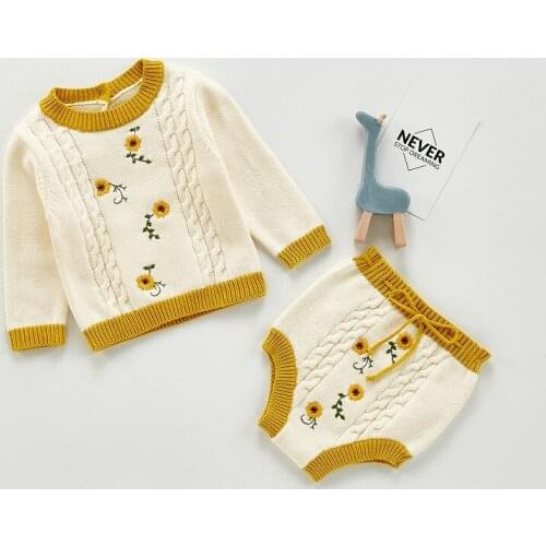 Autumn Newborn Baby Girl Clothes Handmade Embroidered Cotton Daisy Flower Toddler Outfits Pullover Knitted Sweater Shorts Suits