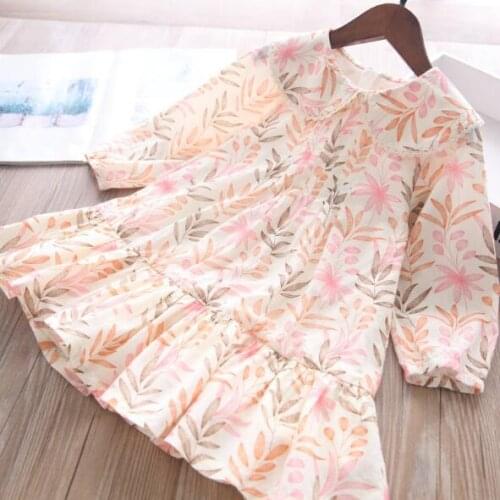 Girls floral print dress wholesale baby girl leave print cotton long sleeve dresses