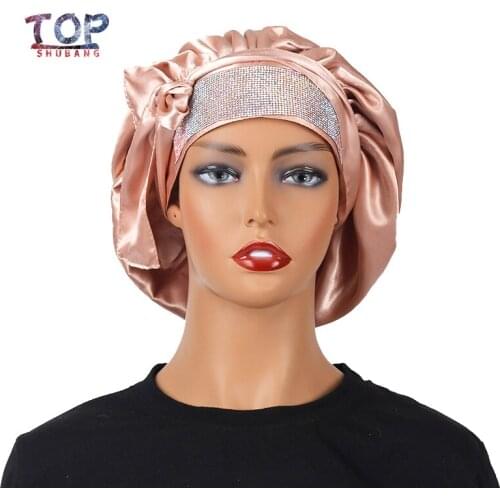 Customized Logo Glitter Bling Diamond Long Wide Edge Control Wrap Satin Head Band Satin Double Layer Bonnet