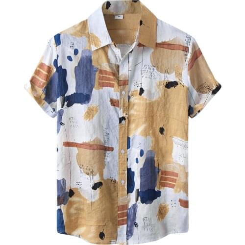 Casual Handsome Mens Shirt Gradient Print Patchwork Summer Hawaiian Shirts Man Holiday Daily Bussiness Blouse Chemise Homme Top