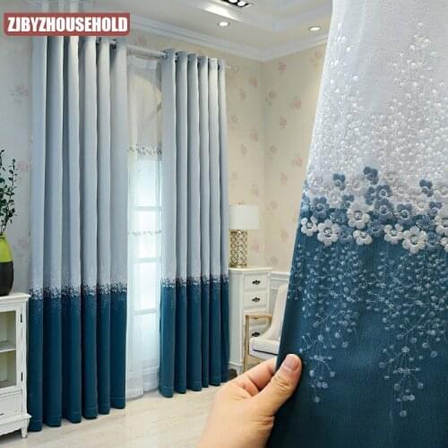 Custom Wholesale Simple Modern Pink Blue Curtains for Living Room and Bedroom Flower Embroidery High Shading(70%-90%)