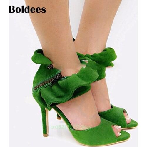 Women Sandals Gladiator Green Suede Leather High Heels Summer Fashion Pop Toe Shoes Woman Pulse Size 42