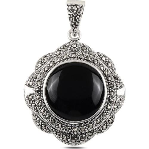 Silver 925 Sterling Onyx & Marcasite Pendant