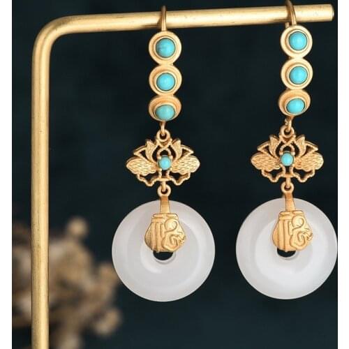 Retro Inlaid White Jade Flower Earrings for Women Vintage Palace Ethnic Dating Jewelry 2021 Trend Fashion Earring Friends Gift M