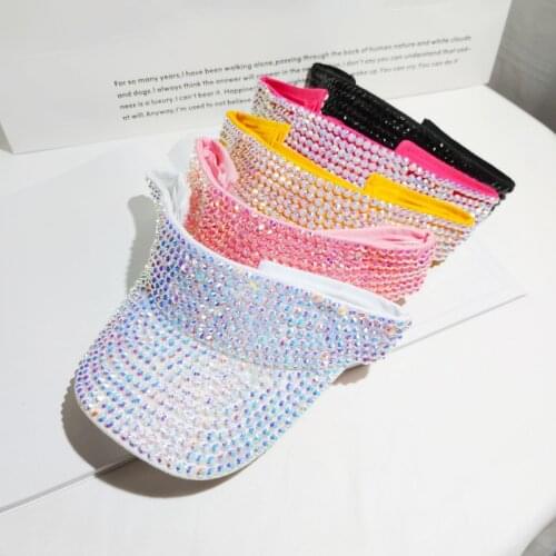New Full Rhinestones Sun Hat Summer Breathable Big Brim Empty Top Hats Ladies Crystal Outdoor Sun Hat Travel Beach Visor Cap
