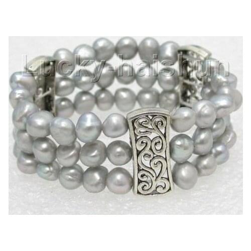 Stretchy! 3row 8-9mm Gray Baroque pearls bracelet springy
