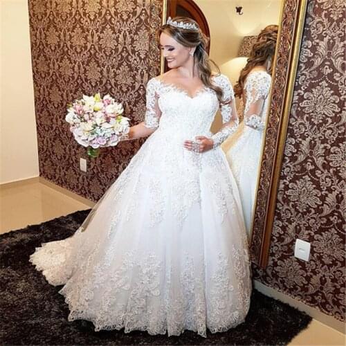 ANGELSBRIDEP V-Neck Long Sleeves Wedding Dresses Vestido De Noiva Fashion Applique Court Train Formal Bohemian Brida