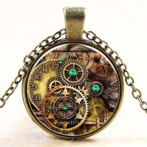 Unisex Retro Punk Watch Movement Gear Pattern Cabochon Glass Pendant Necklace