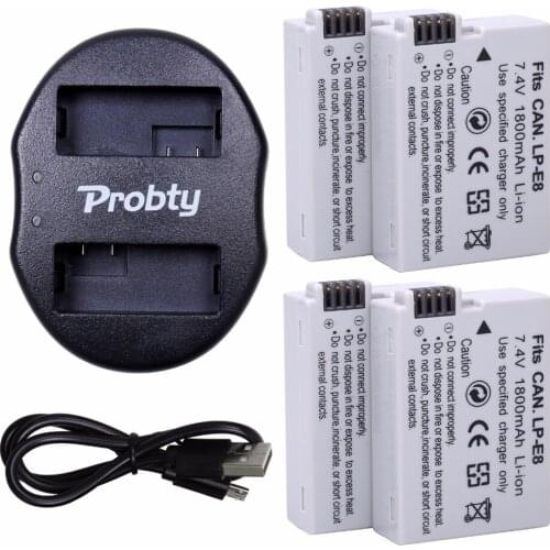 4Pcs Probty LP-E8 LPE8 LP E8 Camera Battery + USB Dual Charger For Canon EOS 550D 600D 650D 700D Rebel X4 X5 X6i X7 1800mAh