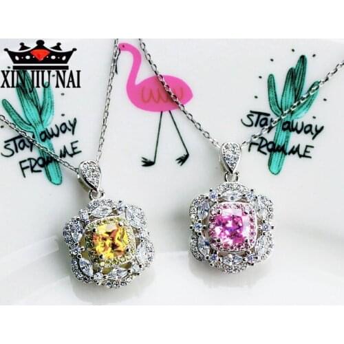 S925 sterling silver net red with the same simple wild super sparkling Pink romantic princess square gemstone female pendant