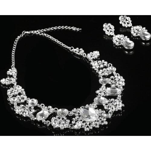 Crystal Bridal Wedding Jewelry Sets African Beads Silver Blue Red Purple Color Rhinestone Women Necklace Sets Engagement Jewelry