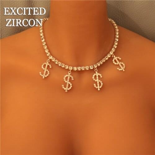 New Design Money Dollar Rhinestone Necklace Statement Choker for Women Fashion Crystal Collar Necklace Chain Party Jewelry