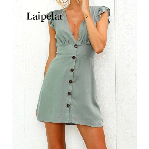 Laipelar 2019 New Arrival Women Summer Ruffle Dress Sleeve Waist Tightening Mini Dress Beach Party with Button