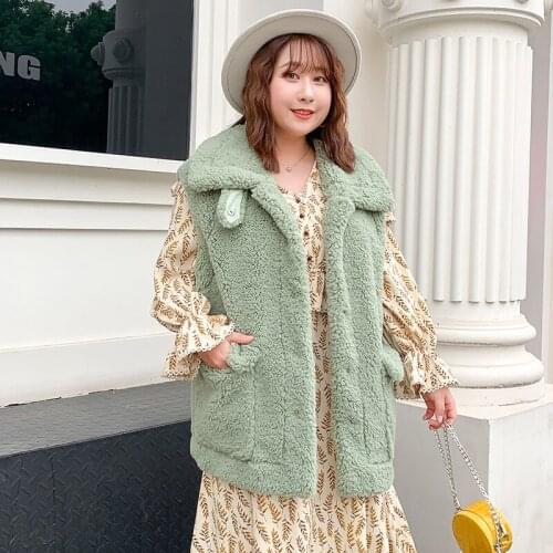 Winter Fur Integrated Korean Winter Large Vest Loose Solid Grey Green Lapel Pockets Womens Vests Outerwear Pink Sleeveless Vest