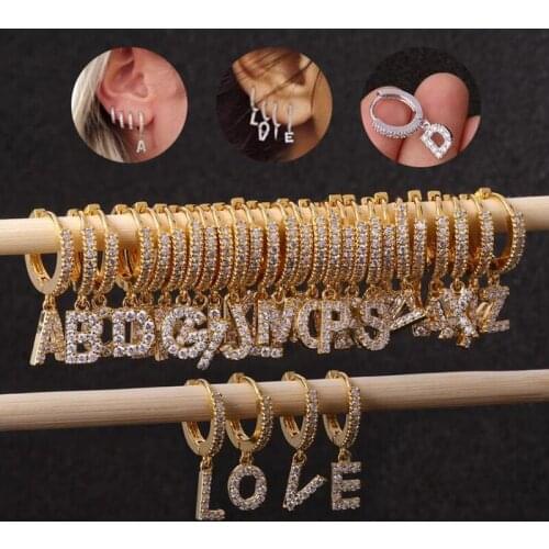 1PC Zirconia Crystal 26 Initial Letter Dangle Cartilage Helix Earrings Hoop for Women Stainless Steel Piercing Jewelry Ear Cuffs