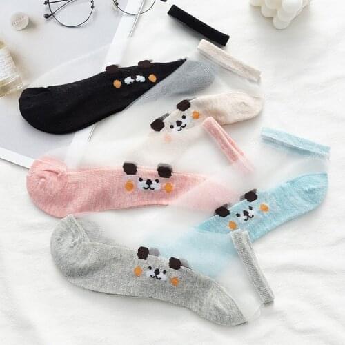 5 Pairs Women Socks Summer Cut Dog Puppy Transparent Classic Glass Fiber Silk Socks Breathable Casual Girls Japan Ankle Socks