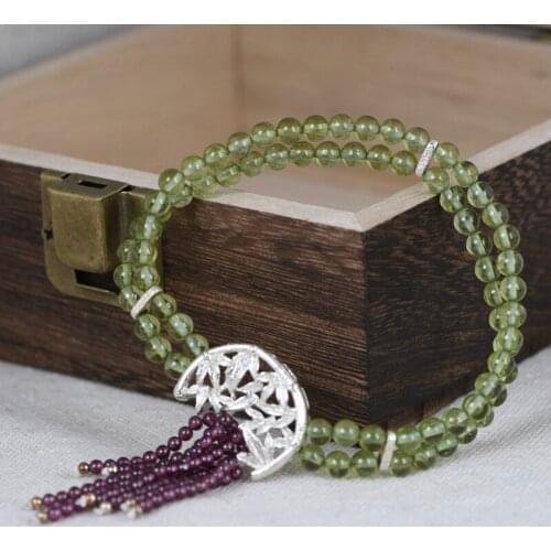 FNJ Peridot Bead Bracelet 925 Silver Vintage Original Pure S925 Silver Bracelets for Women Fine Jewelry 17cm Tassel Garnet