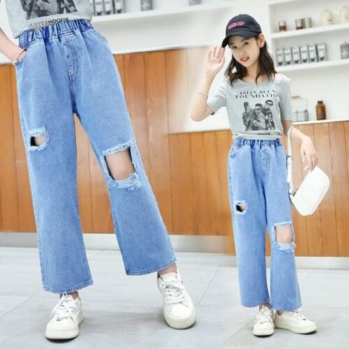 Girls Pants Spring Teenage Girls Ripped Jeans for Girls Hole Ankle Length Pants Children Casual Jeans Kids Trousers 6 8 10 12Yrs