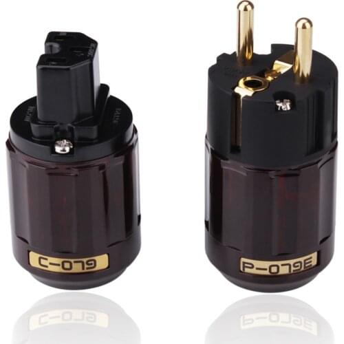 C-079 P-079E Power Plug 24K Gold Plated 2 Pins EUR Male IEC Female Socket Schuko Hifi Electrical Cable Audio DIY Power Connector