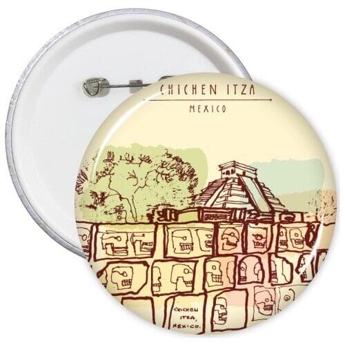 Chichen Itza Mexico Ancient Civilization Drawing Round Pins Badge Button Clothing Decoration Gift 5pcs