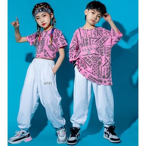 Children Modern Dance Clothes Girls Hip Hop Clothing Fashion Printed Pink Tops Loose Pants Summer Stage Costume Rave Wear BL5960