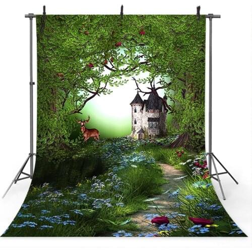 Cartoon Forest Castle Backdrop for Photography Old Trees Grass Deer Spring Flowers Background for Photo Studio Photocall