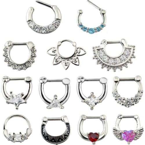 Trendy Stainless Steel with Cubic Zircon Septum Clicker Fashion 16g Nose Hoop Rings for Women Nose Body Piercing Jewelry