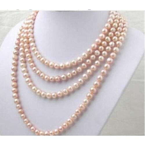 Beautiful! 7-8MM pink Akoya pearl necklace 60 inch