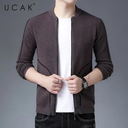 UCAK Brand Classic Casual V-Neck Zipper Cardigans Men Sweatercoat Clothing Autumn Streetwear Striped Cardigan Pull Homme U1261