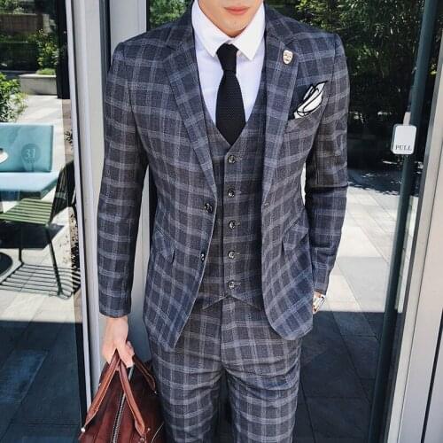 Mens 3 Piece Set Suit Set Coat Vest Pants / Male Business British Style Official Plaid Blazer High Quality Fashion Trousers