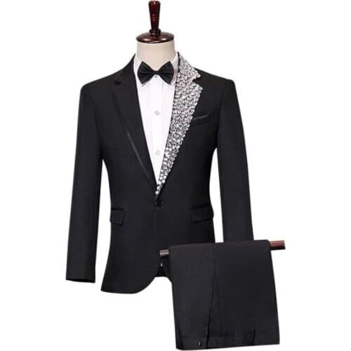 Diamond collar white blazer men groom suit set with pants mens wedding suits costume singer stage clothing formal dress b348
