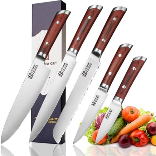 KEEMAKE Chef Slicing Paring Utility Bread Knife German 1.4116 Steel Blade 5PCS Kitchen Knives Set Color Wood Handle Sharp Cutter