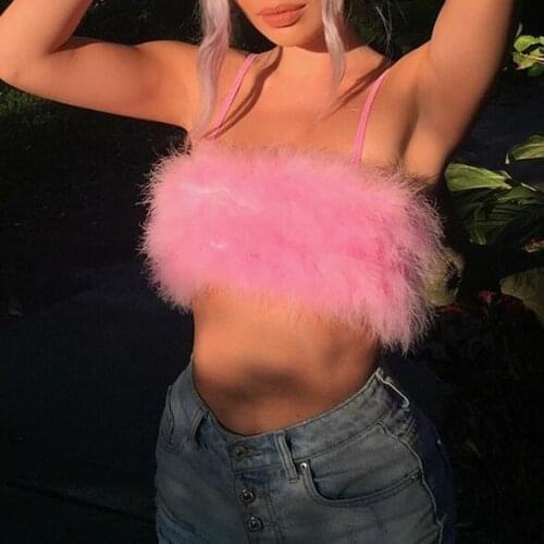 New Fashion Sexy Spaghetti Straps Pink Feather Crop Top 2021 Women Camisole Sleeveless Y2k Tops Party Club Streetwear Camis