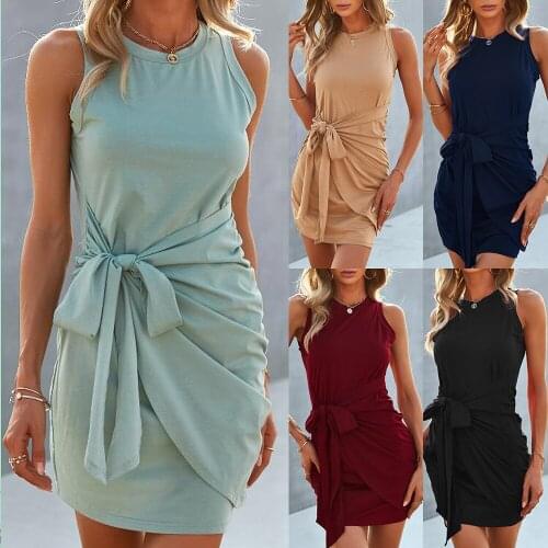 Sexy womens one-step buttocks show thin dress 2021 summer sleeveless solid round neck tie waist vest dress Bodycon vestidos