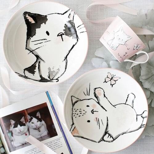 Lovely Ceramics Plate Cat Painting Western Steak Plates Dining Table Main Course Afternoon Tea Cake Dessert Tray Tableware Suit