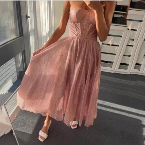 SoDigne Pink Tulle Short Prom Dresses Corset Shiny Boning Tea Length Wedding Party Dress Special Occasion Gown