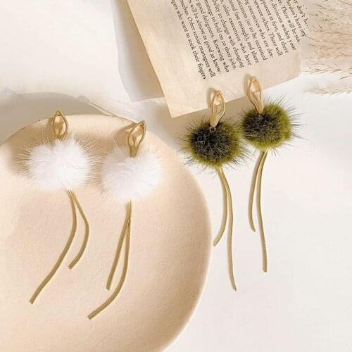 Korean Ear Line Autumn and Winter Ballet Mink Hair Ball Earrings Super Fairy Temperament Long Female Earrings