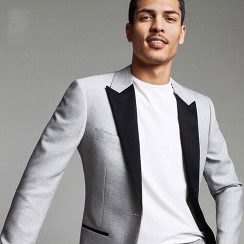 Grey Men Suits for Wedding Suit Pants Black Peaked Lapel 2 Pieces Slim Fit Best Man Blazers Jacket Custom Made Groomsmen Suits