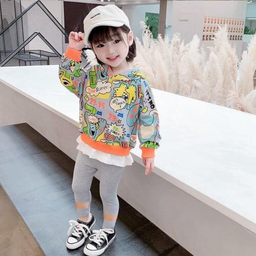 2021 Spring Autumn New Girl Sweater Set Baby Korean Childrens Long Sleeve Sports Two Piece Set Printing Tunic Casual Top Pants