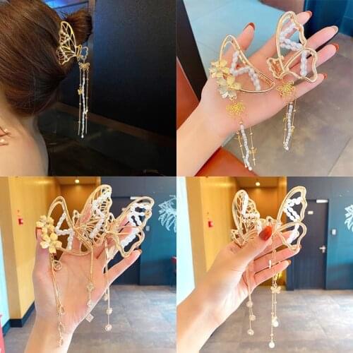 New Women Lady Elegant Butterfly Moon Shape Pearls Tassel Metal Hair Claws Sweet Hair Clips Headband Fashion Hair Accessories