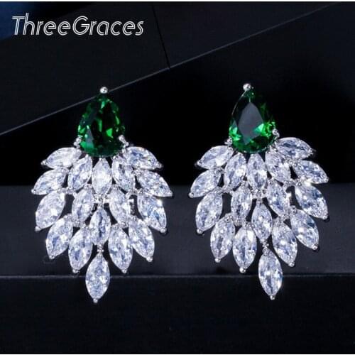 ThreeGraces Famous Brand Female Jewelry Oval Austrian Crystal Large Women Costume Statement Earrings With Green Stone ER197