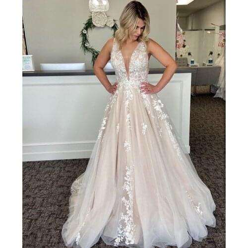 Light Champage Color A-Line Wedding Dress 2021 Lace Appliques Sleeveless Bridal Gown For Women Princess Vintage wedding gowns