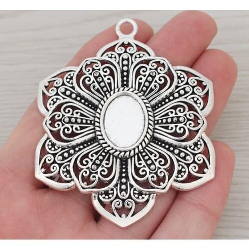 3 x Tibetan Silver Large Hollow Filigree Flower Charms Pendants Inside Blank Oval Cameo Cabochon Base Settings 13x18mm