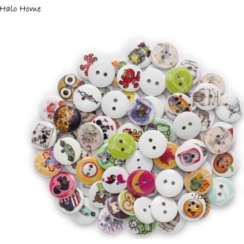50pcs Big mix random White Printing Round Wood buttons Sewing Scrapbook for Clothing Gifts Crafts Handwork DIY 15mm