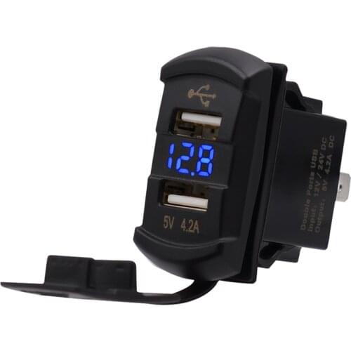 Car 12V-24V Dual Ports USB Charger Voltmeter Power Socket Switch Marine Boat Blue LED Waterproof for Cars Motorcycles ATVs