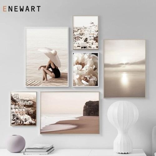 Boho Style Canvas Painting Sunset Beach Canvas Poster Nordic Mediterranean City Photography Wall Art Picture for Living Room