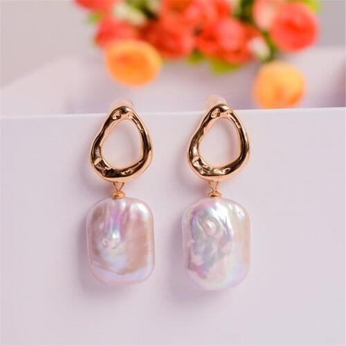 Large Baroque Pearl Earrings 925 Square Circle New Vintage Studear for Women and Girls 14K Gold Filled