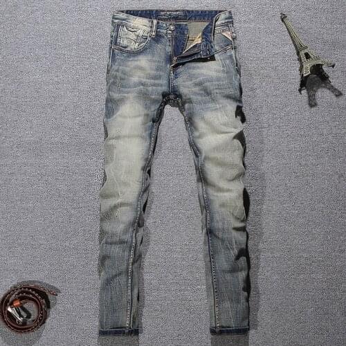 Italian Style Fashion Men Jeans Elastic Cotton Distressed Retro Yellow Blue Slim Ripped Jeans Men Vintage Designer Denim Pants